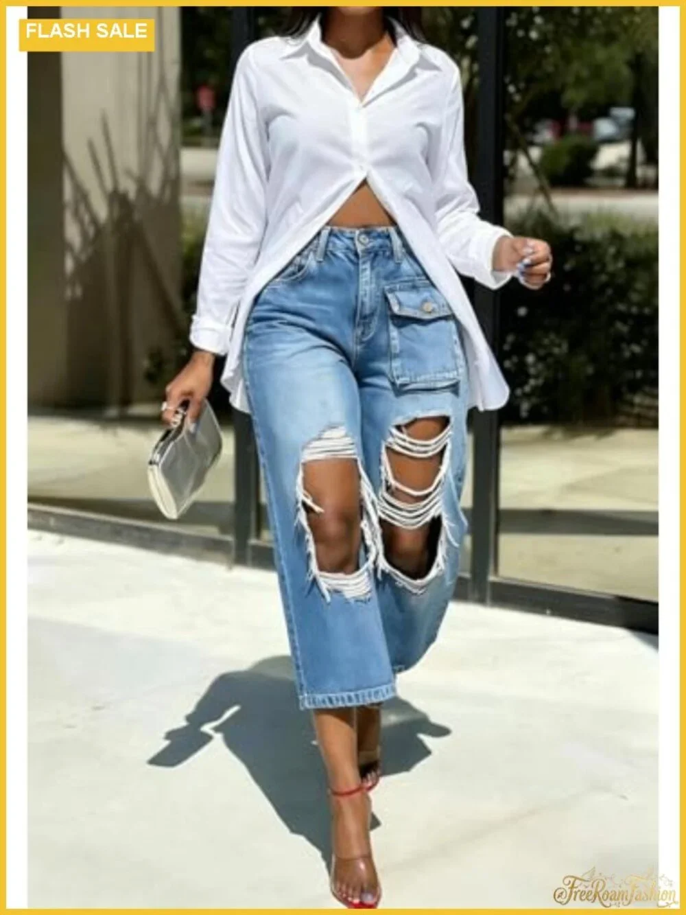 Women's High Waisted Ripped Wide Leg Cargo Capri Jeans